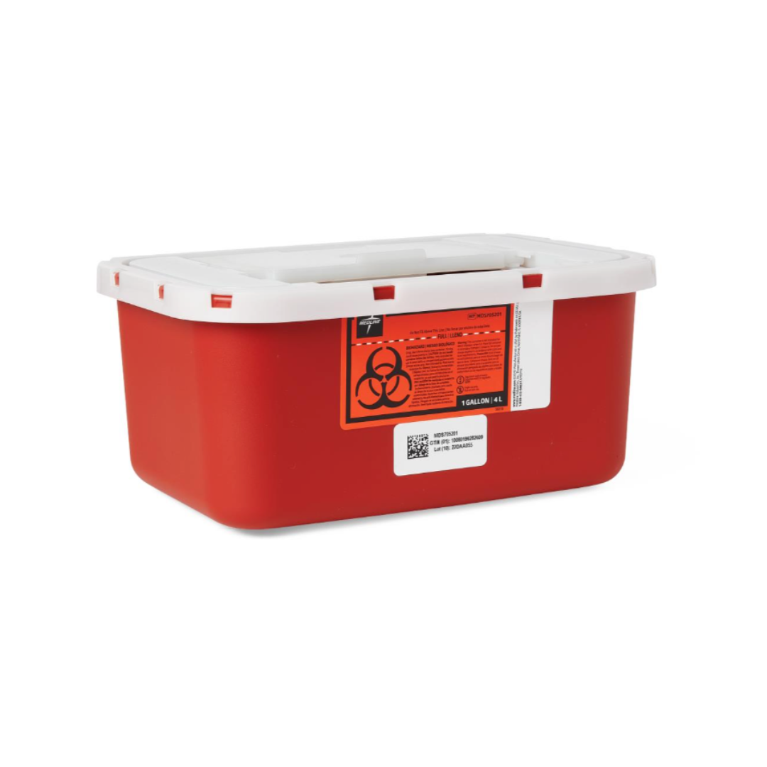 The Medline Multipurpose Sharps Container features a red body, white lid, and biohazard symbol for safe disposal of needles and sharp medical instruments.